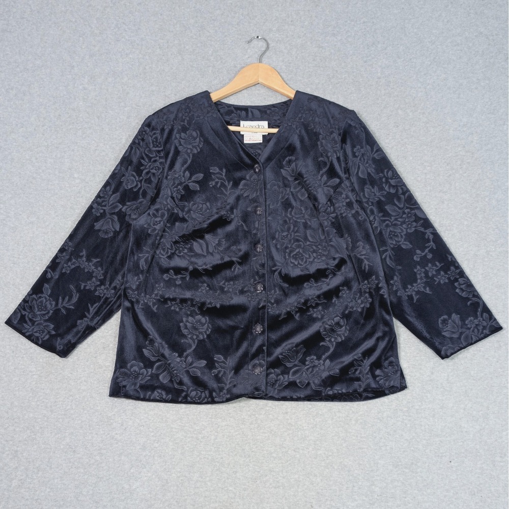 Vintage Womens Velvet Burnout  Blazer Jacket Petite 14W Midnight Blue Whimsigoth